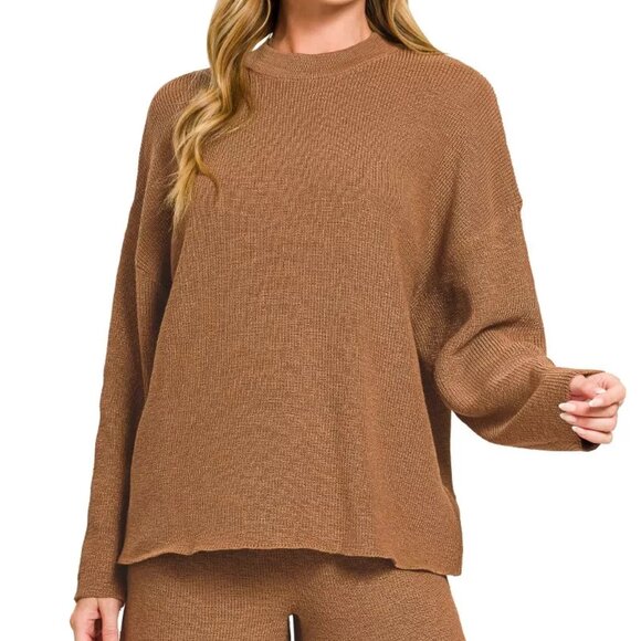 Zenana Round Neck Knit Top and Shorts Sweater Set - Picture 1 of 7